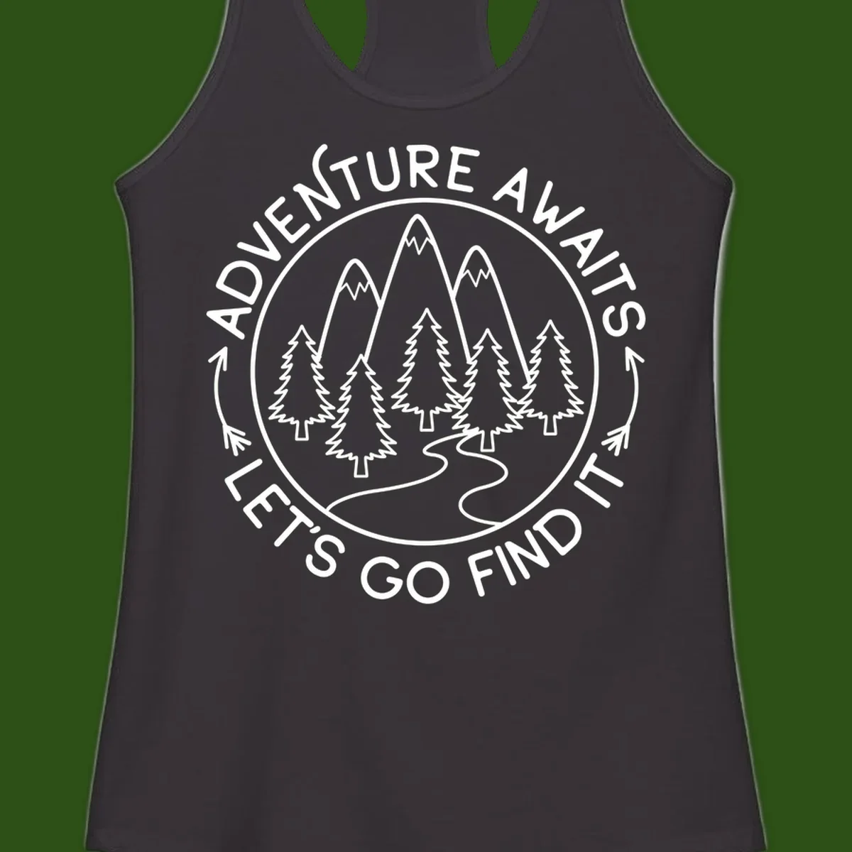 Circular badge with forest scene of evergreen trees and mountains, text reads 'Adventure Awaits Let's Go Find It'