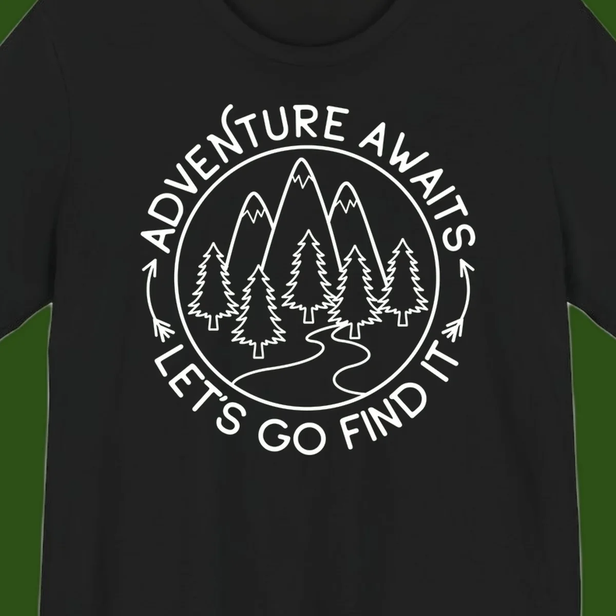 Circular badge with forest scene of evergreen trees and mountains, text reads 'Adventure Awaits Let's Go Find It'