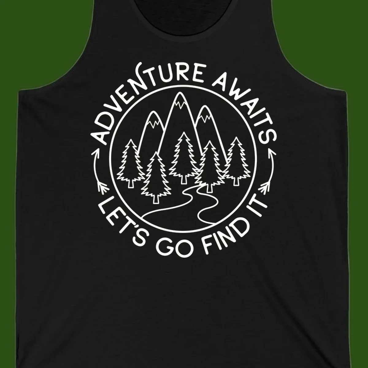 Circular badge with forest scene of evergreen trees and mountains, text reads 'Adventure Awaits Let's Go Find It'