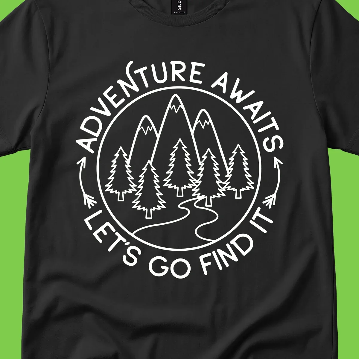 Circular badge with forest scene of evergreen trees and mountains, text reads 'Adventure Awaits Let's Go Find It'