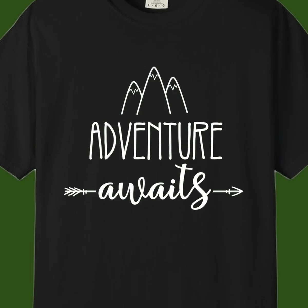 Adventure awaits mountains design with three snow-capped peaks and decorative arrows in white linework