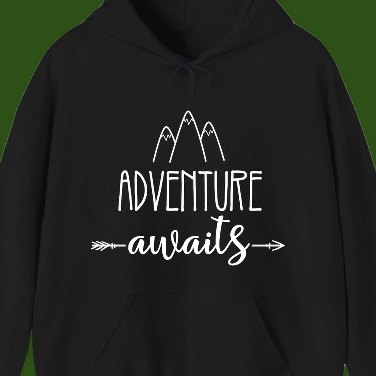Adventure awaits mountains design with three snow-capped peaks and decorative arrows in white linework