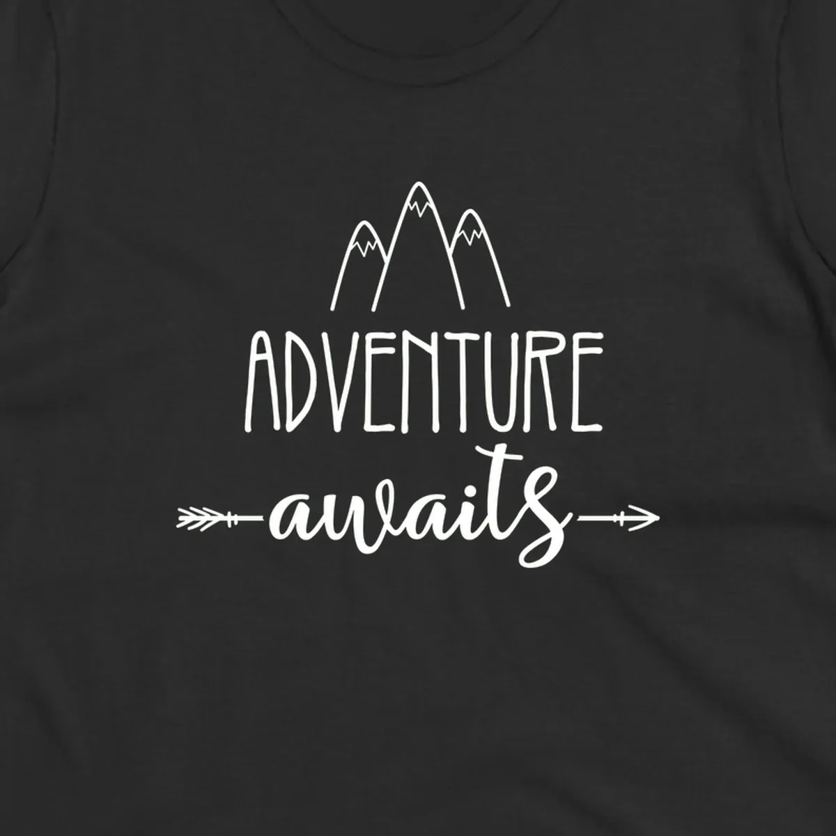 Adventure awaits mountains design with three snow-capped peaks and decorative arrows in white linework