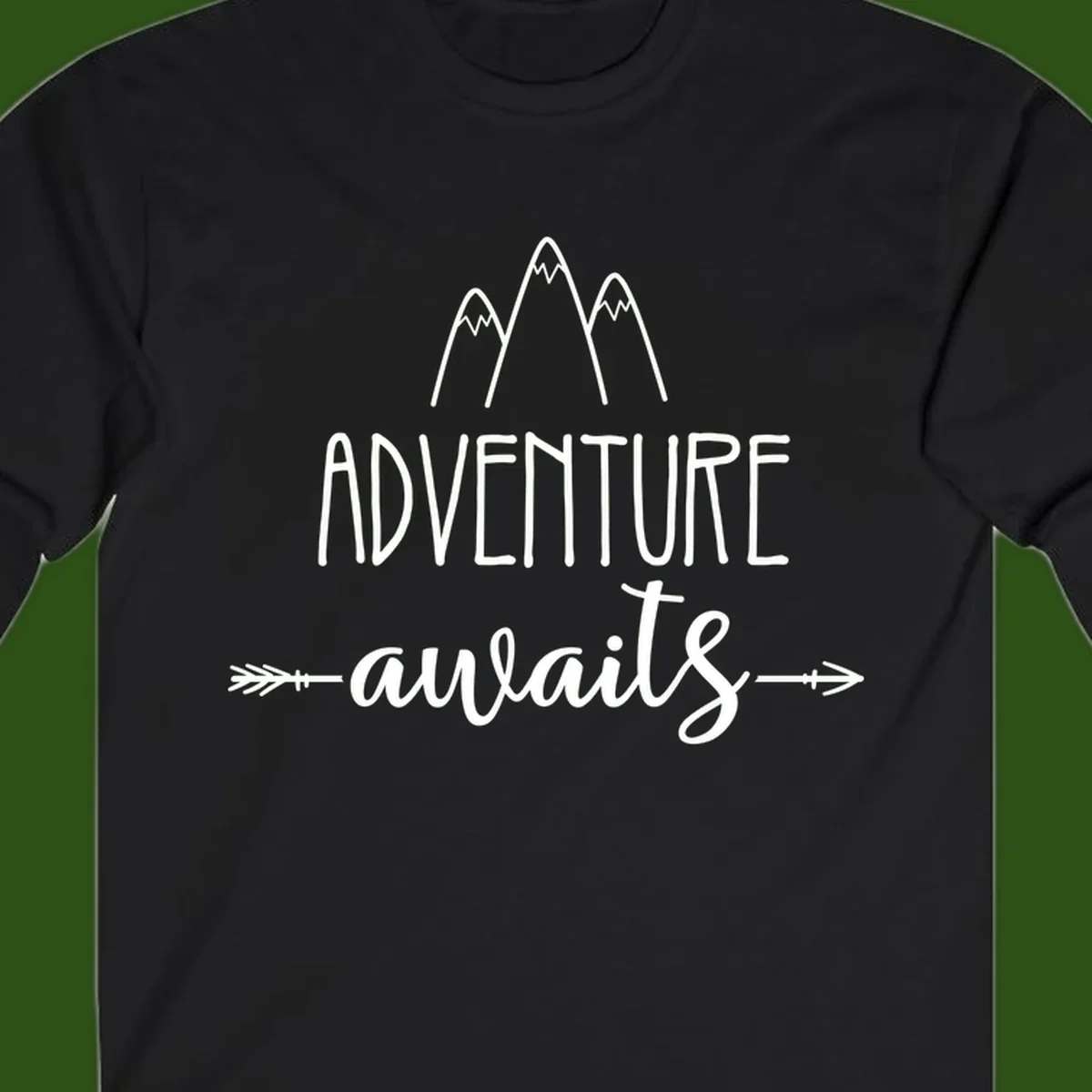 Adventure awaits mountains design with three snow-capped peaks and decorative arrows in white linework