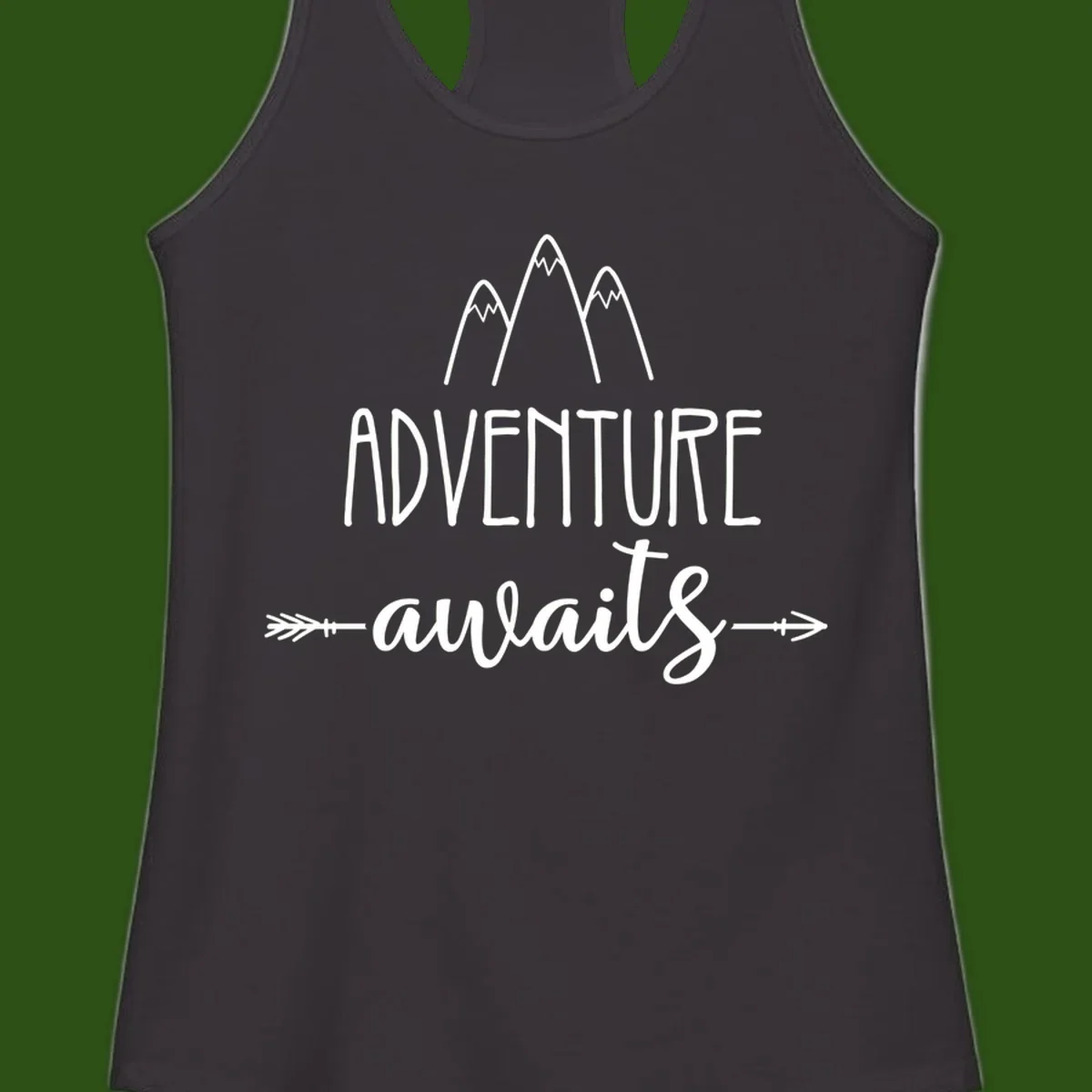 Adventure awaits mountains design with three snow-capped peaks and decorative arrows in white linework