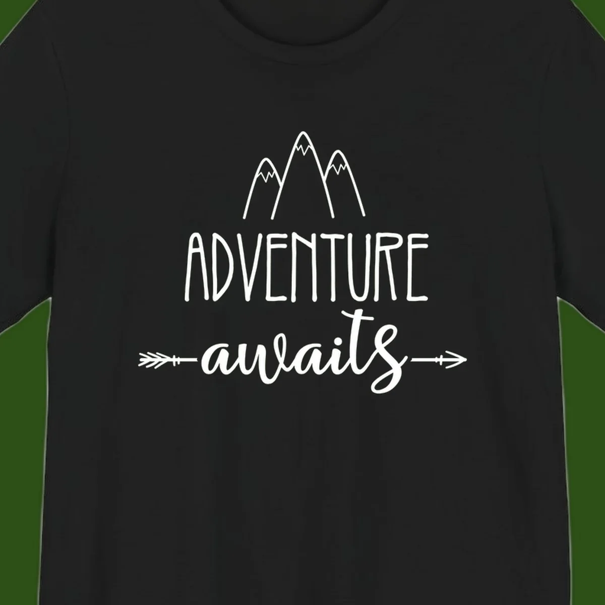 Adventure awaits mountains design with three snow-capped peaks and decorative arrows in white linework