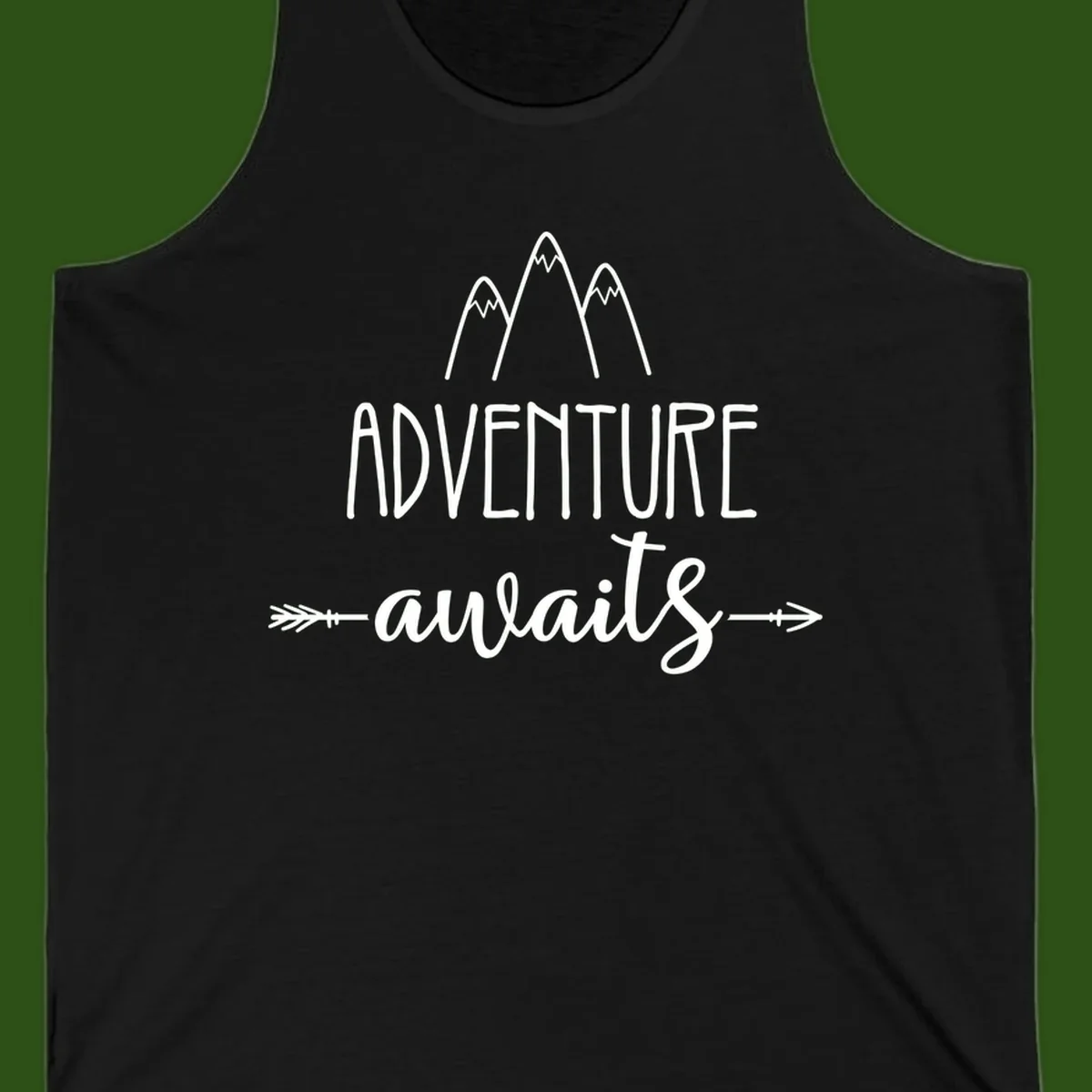 Adventure awaits mountains design with three snow-capped peaks and decorative arrows in white linework