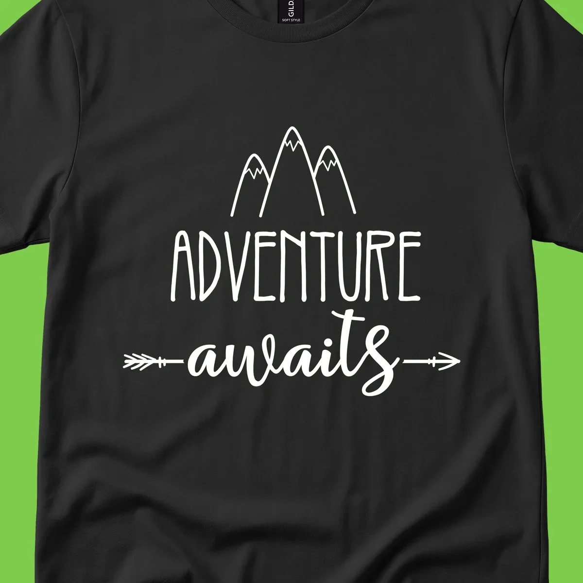 Adventure awaits mountains design with three snow-capped peaks and decorative arrows in white linework
