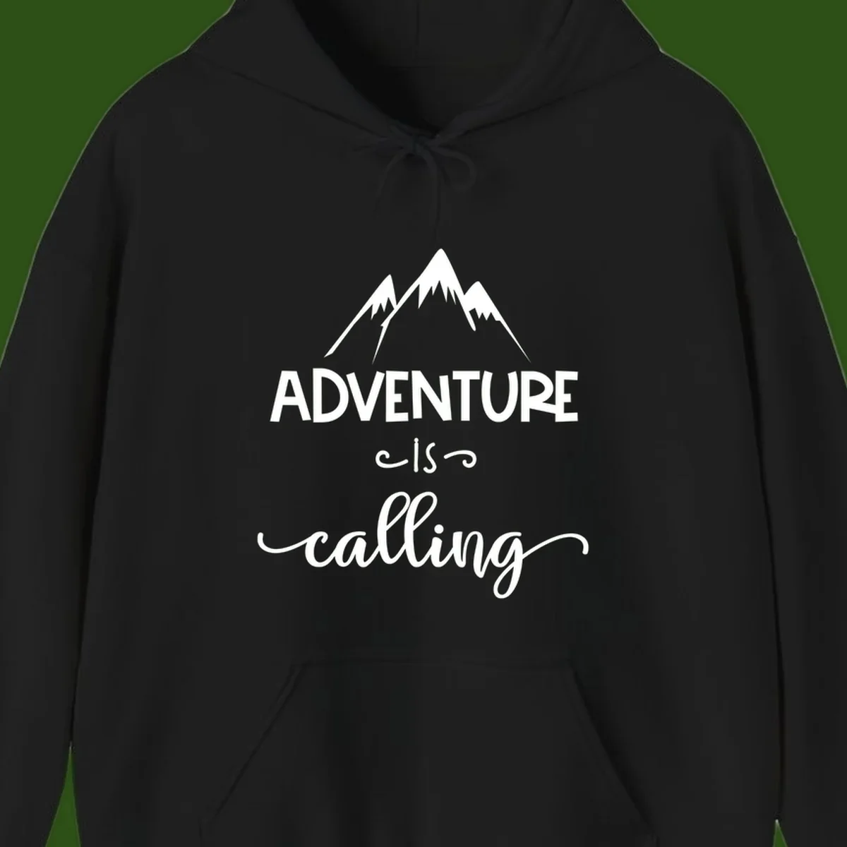 Adventure is calling design with three snow-capped mountain peaks and motivational text on gray background