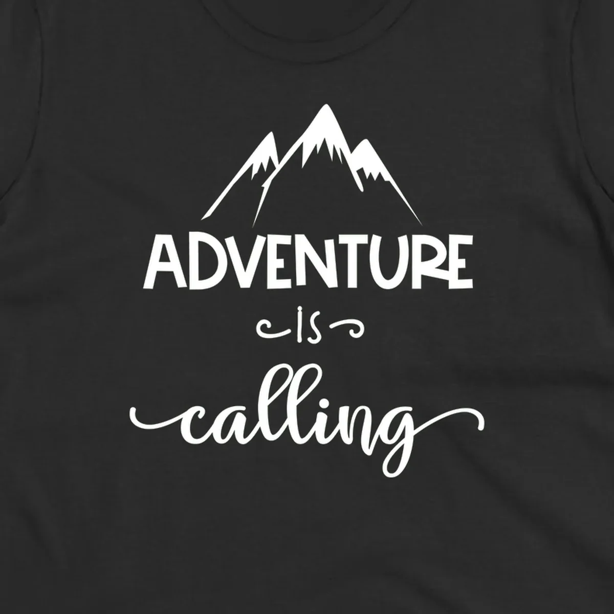 Adventure is calling design with three snow-capped mountain peaks and motivational text on gray background