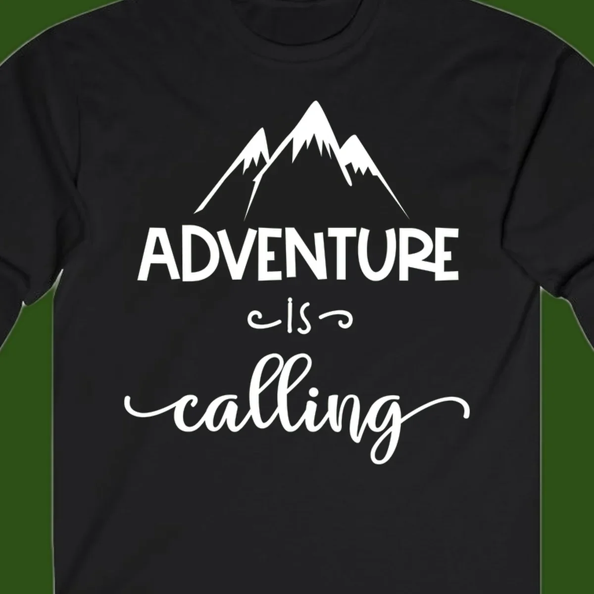 Adventure is calling design with three snow-capped mountain peaks and motivational text on gray background