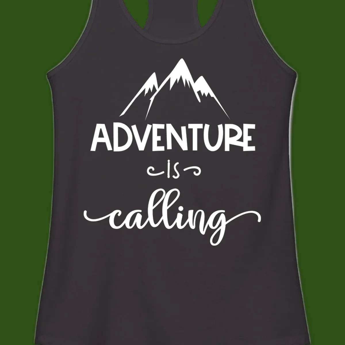 Adventure is calling design with three snow-capped mountain peaks and motivational text on gray background