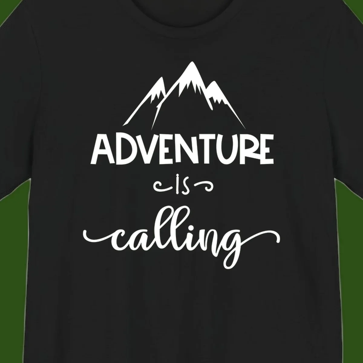 Adventure is calling design with three snow-capped mountain peaks and motivational text on gray background