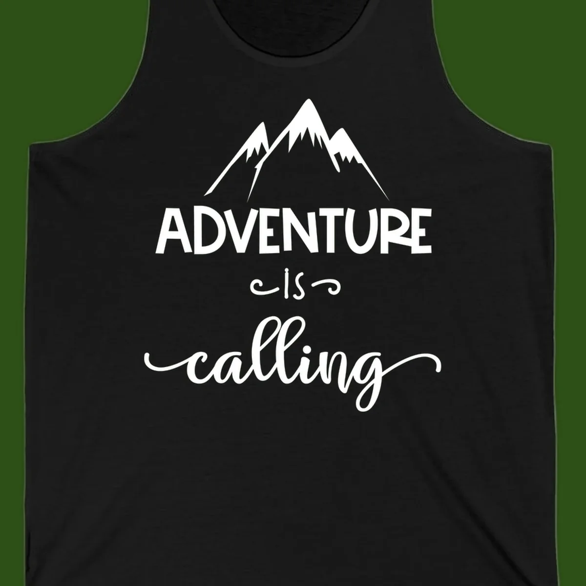 Adventure is calling design with three snow-capped mountain peaks and motivational text on gray background