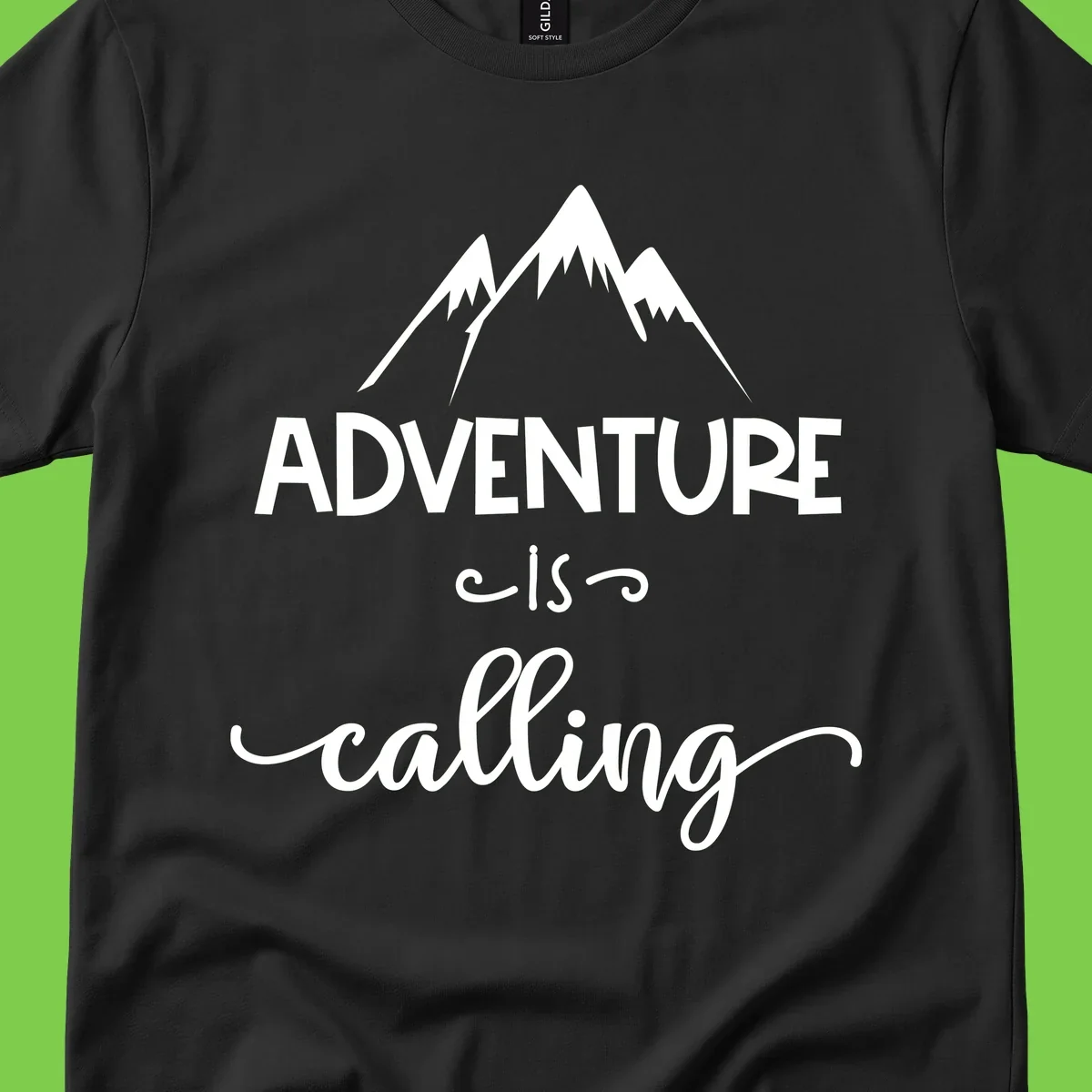 Adventure is calling design with three snow-capped mountain peaks and motivational text on gray background