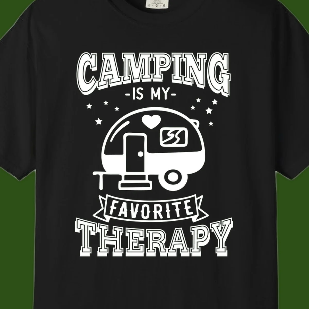 Vintage-style camping therapy design with retro travel trailer, heart, stars, and text reading 'Camping Is My Favorite Therapy'
