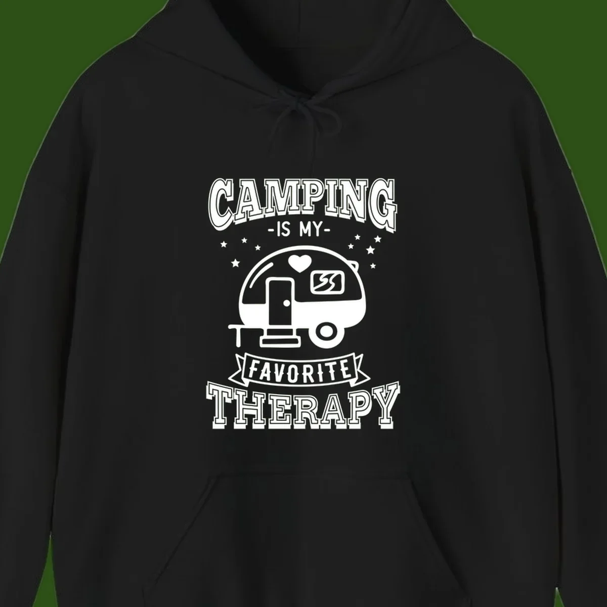 Vintage-style camping therapy design with retro travel trailer, heart, stars, and text reading 'Camping Is My Favorite Therapy'