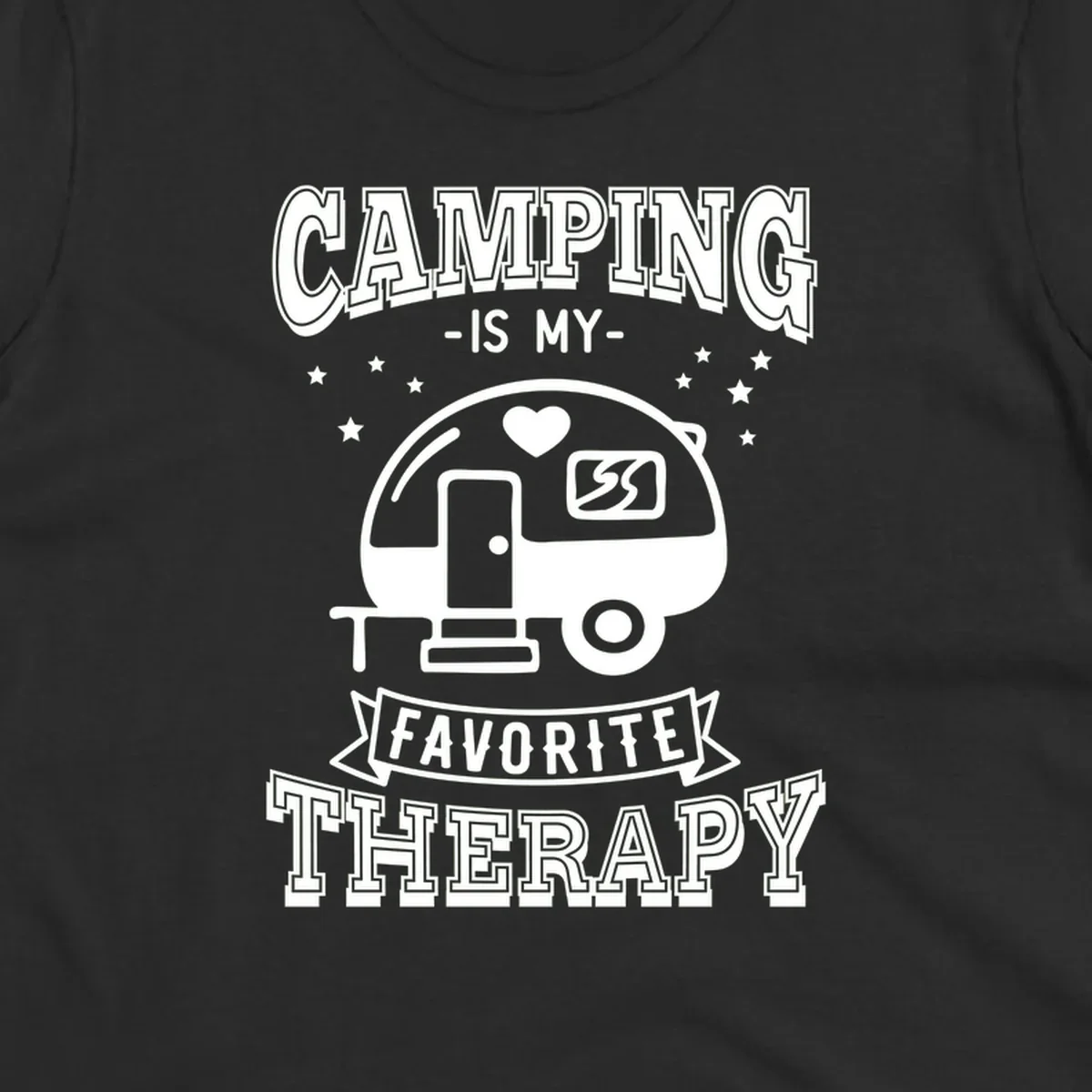 Vintage-style camping therapy design with retro travel trailer, heart, stars, and text reading 'Camping Is My Favorite Therapy'