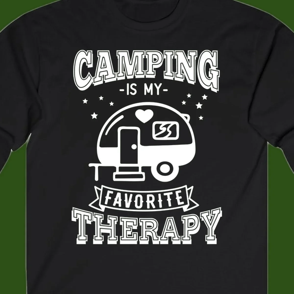 Vintage-style camping therapy design with retro travel trailer, heart, stars, and text reading 'Camping Is My Favorite Therapy'
