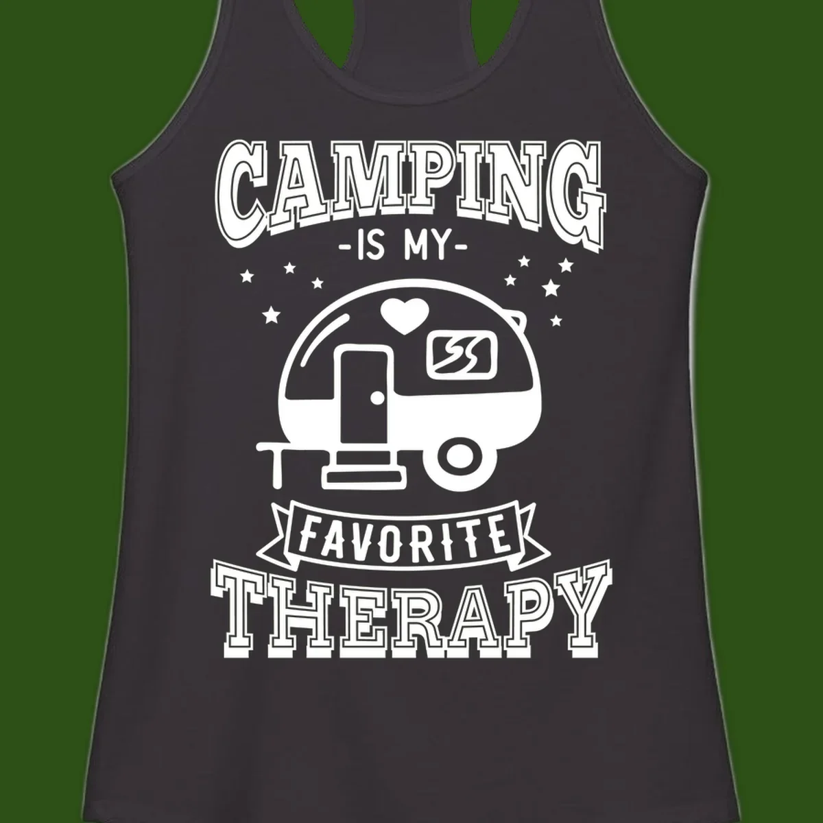 Vintage-style camping therapy design with retro travel trailer, heart, stars, and text reading 'Camping Is My Favorite Therapy'