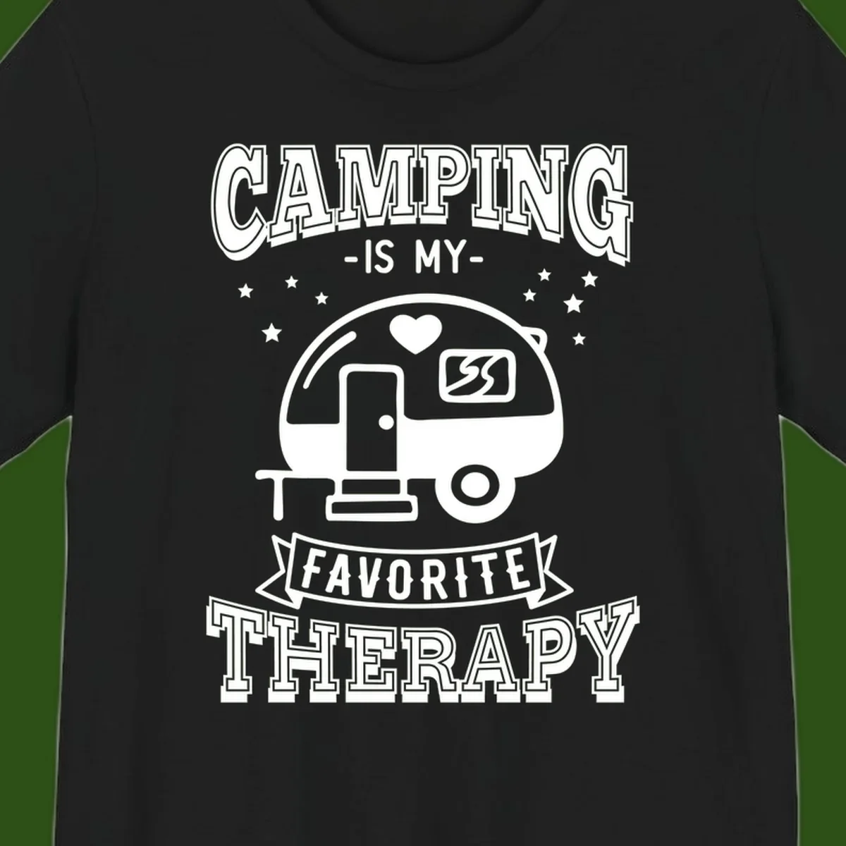 Vintage-style camping therapy design with retro travel trailer, heart, stars, and text reading 'Camping Is My Favorite Therapy'