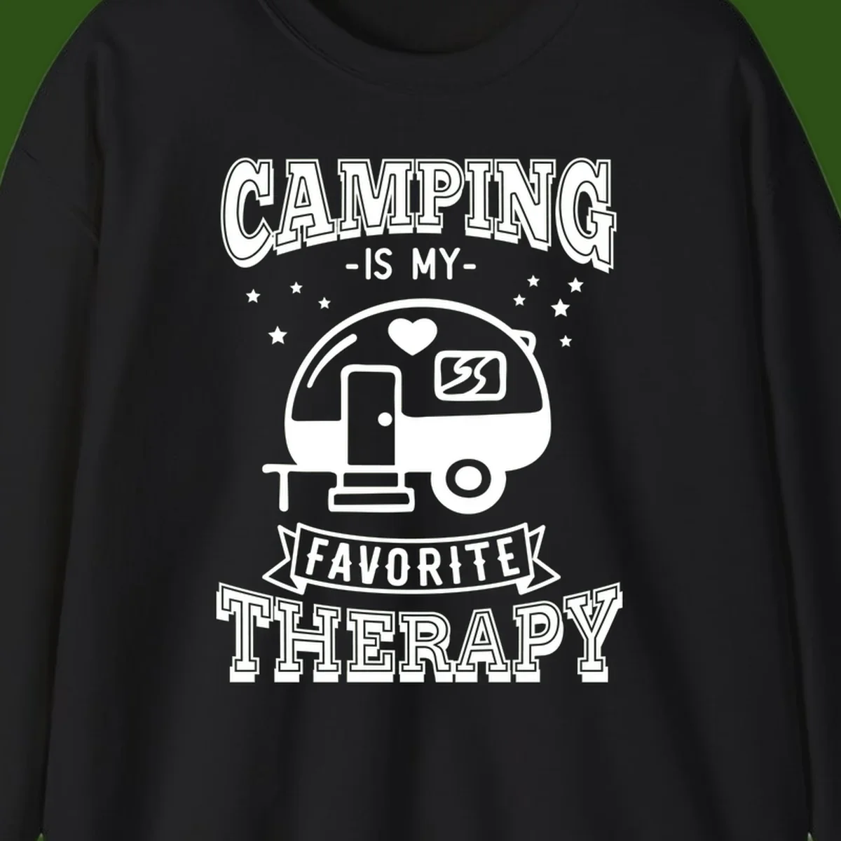 Vintage-style camping therapy design with retro travel trailer, heart, stars, and text reading 'Camping Is My Favorite Therapy'