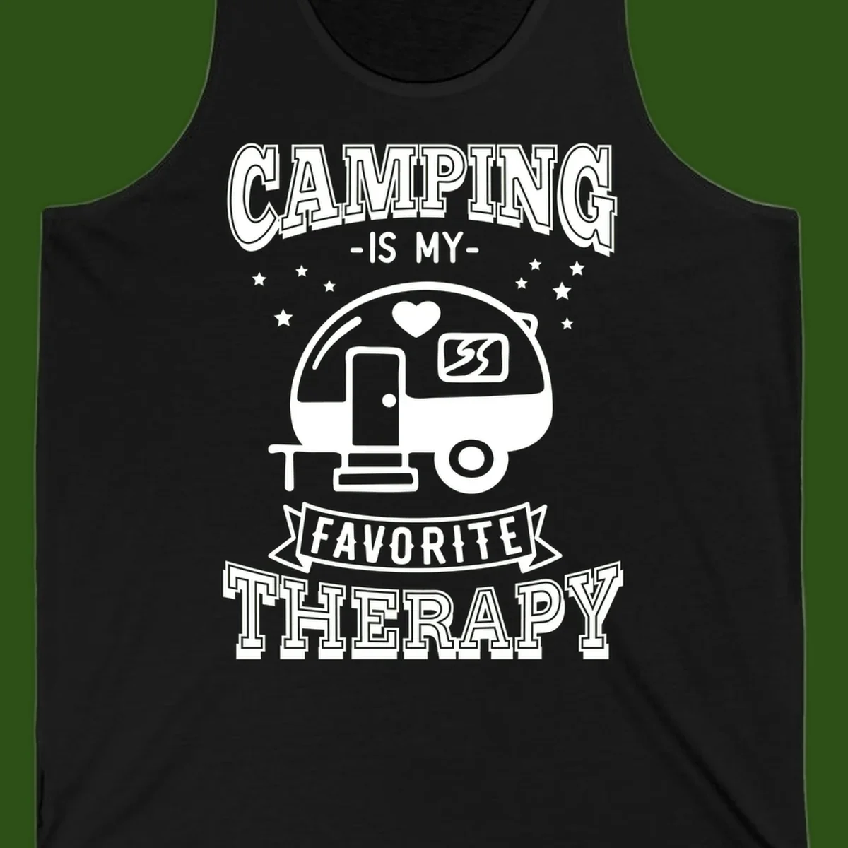 Vintage-style camping therapy design with retro travel trailer, heart, stars, and text reading 'Camping Is My Favorite Therapy'