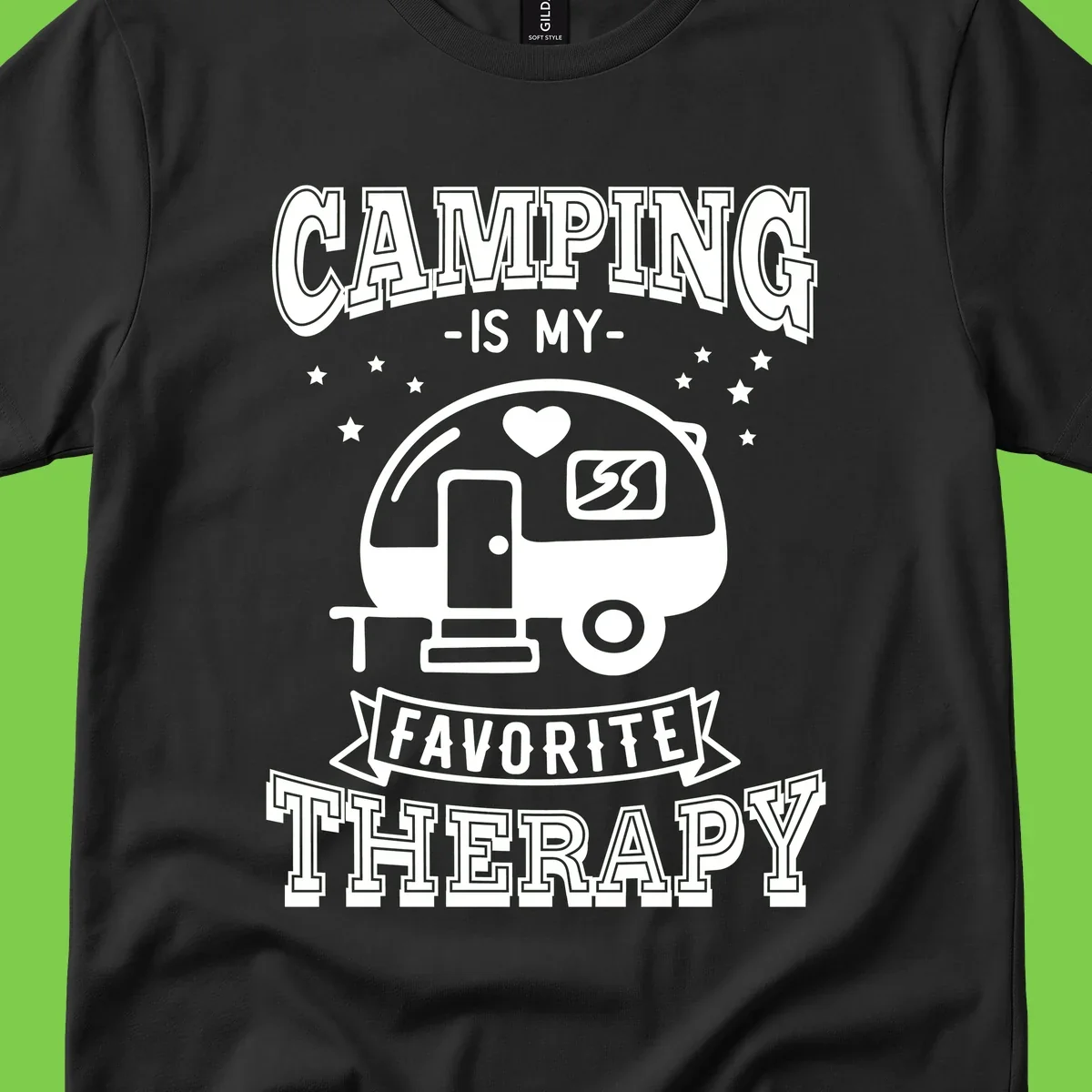 Vintage-style camping therapy design with retro travel trailer, heart, stars, and text reading 'Camping Is My Favorite Therapy'