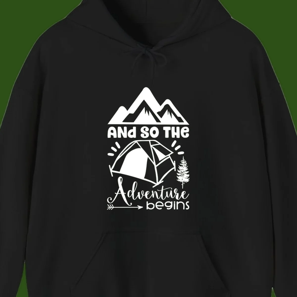 Adventure begins camping design with snow mountains, tent, tree, and motivational text on gray background