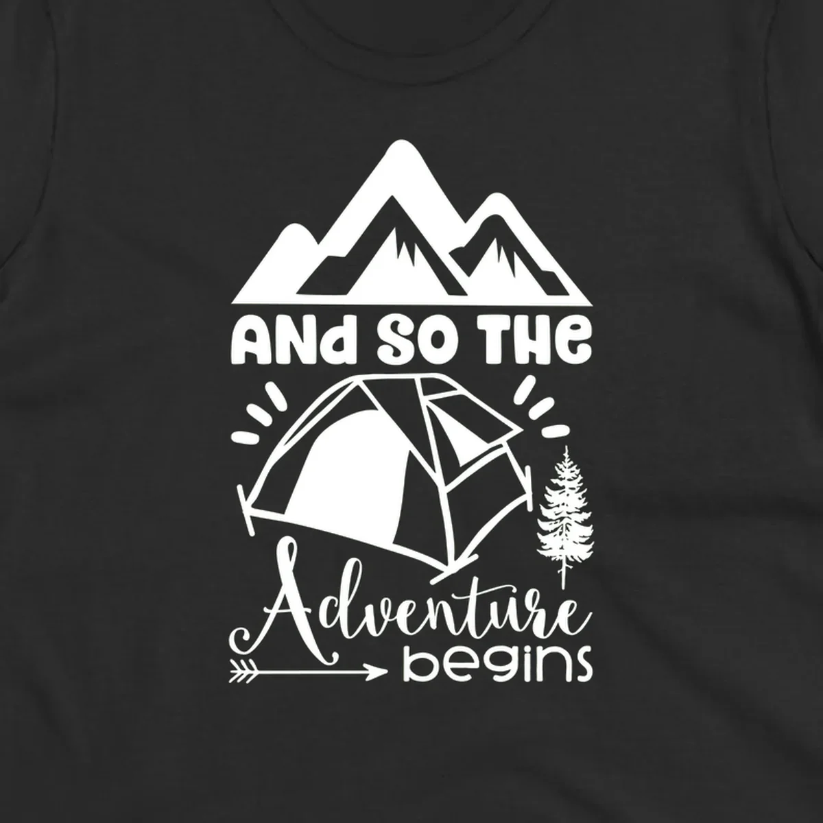 Adventure begins camping design with snow mountains, tent, tree, and motivational text on gray background