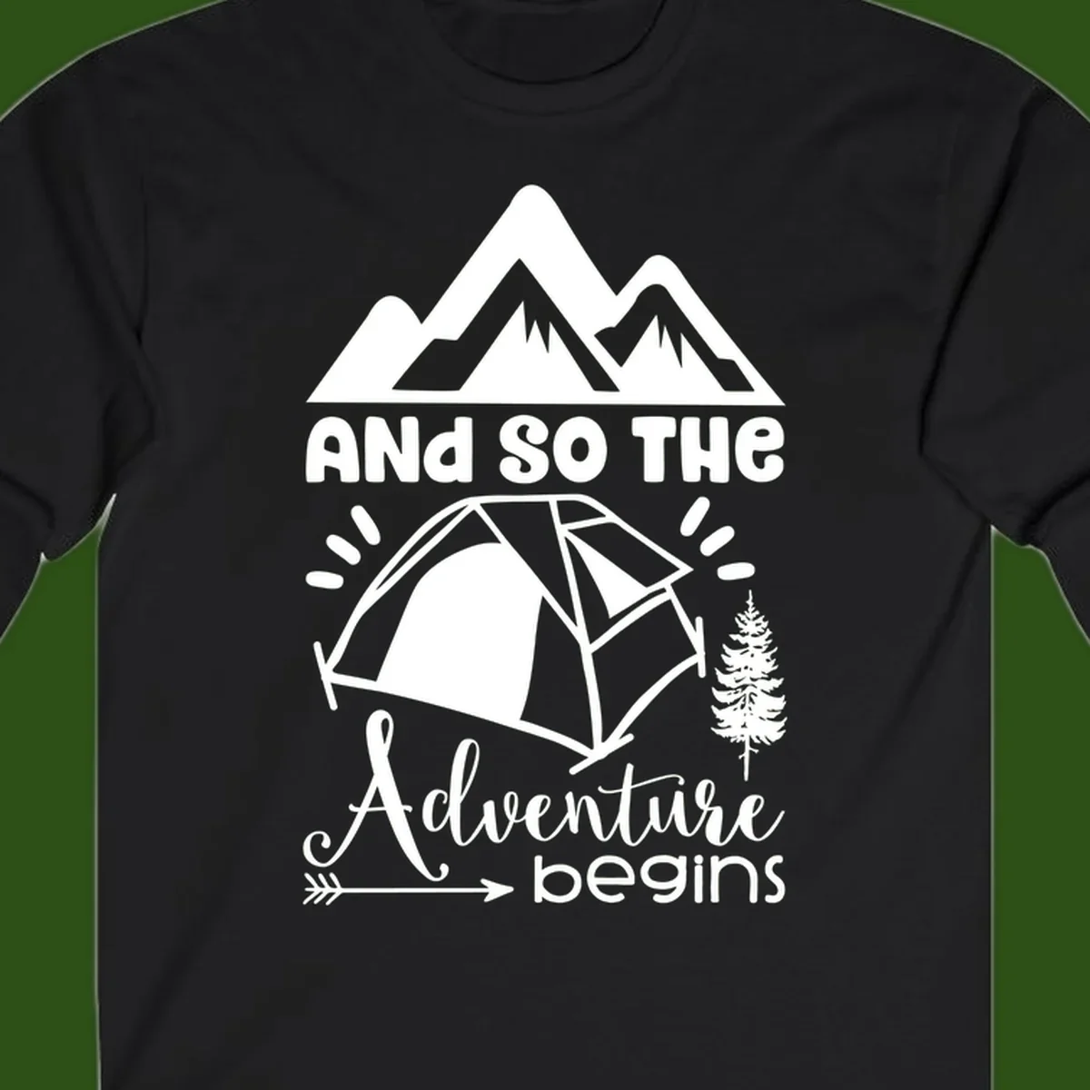 Adventure begins camping design with snow mountains, tent, tree, and motivational text on gray background