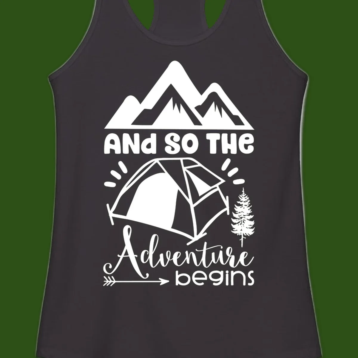 Adventure begins camping design with snow mountains, tent, tree, and motivational text on gray background