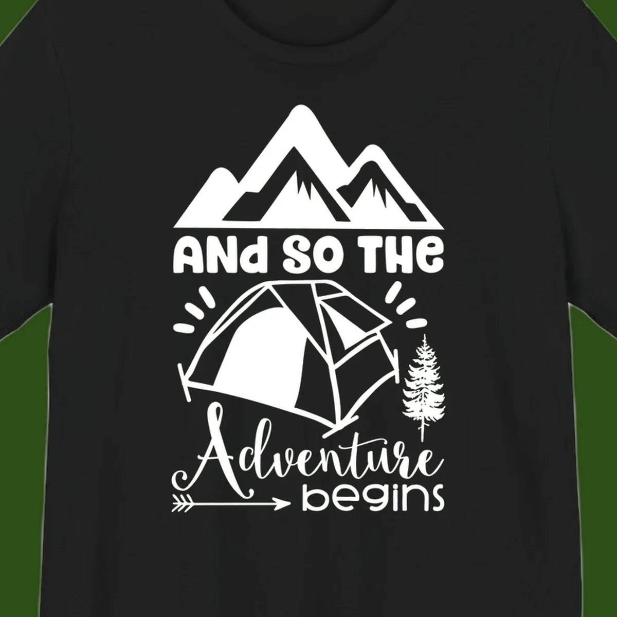 Adventure begins camping design with snow mountains, tent, tree, and motivational text on gray background