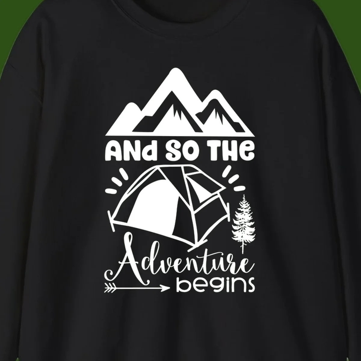 Adventure begins camping design with snow mountains, tent, tree, and motivational text on gray background