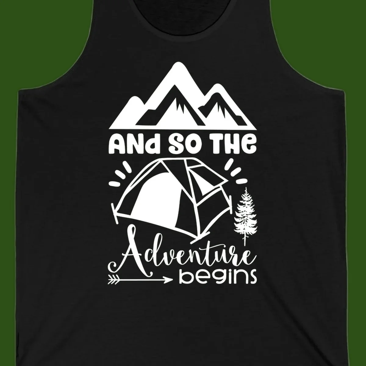 Adventure begins camping design with snow mountains, tent, tree, and motivational text on gray background