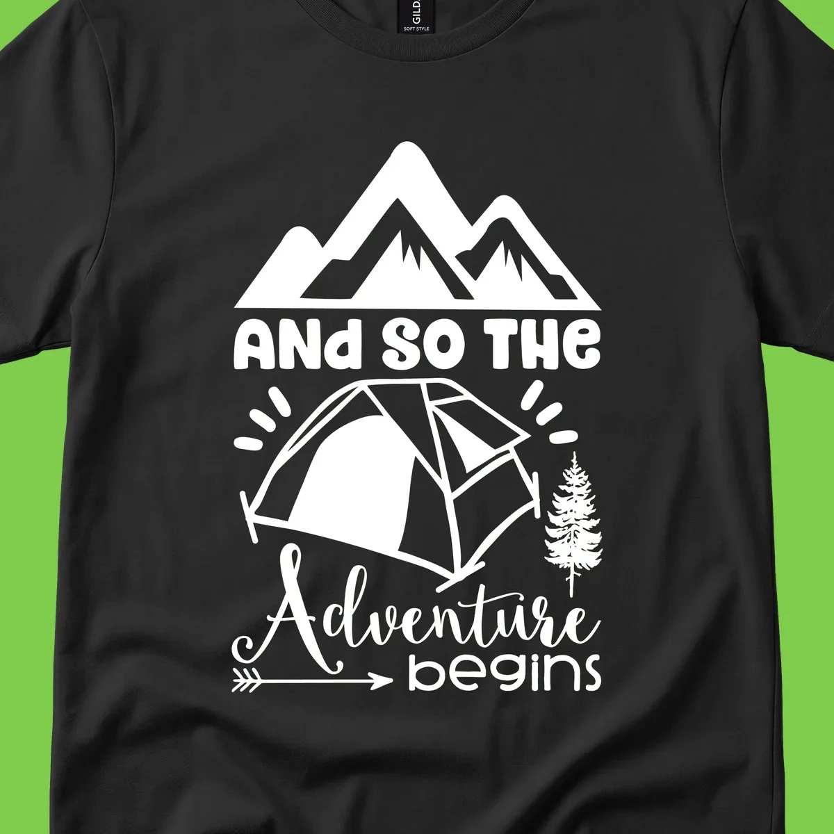 Adventure begins camping design with snow mountains, tent, tree, and motivational text on gray background