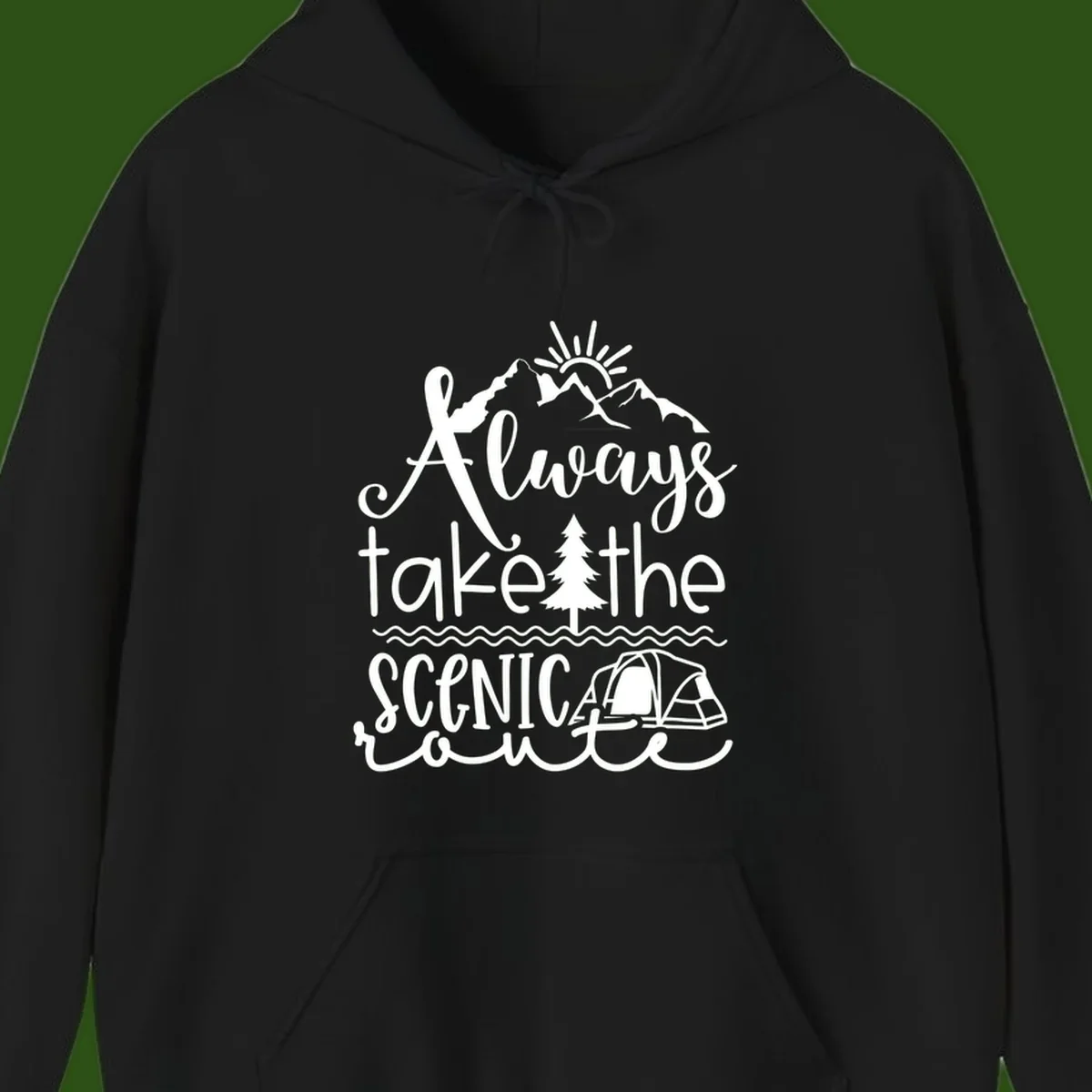 White line art design with mountains, sun, pine tree, tent, and water featuring 'Always take the scenic route' script text