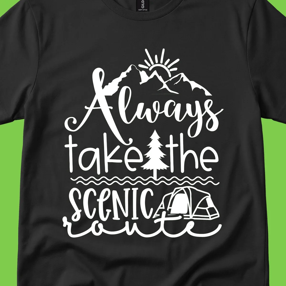 White line art design with mountains, sun, pine tree, tent, and water featuring 'Always take the scenic route' script text