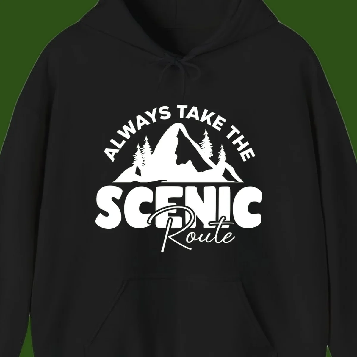 White mountain landscape illustration with evergreen trees and text reading 'All Ways Take The Scenic Route' on gray background