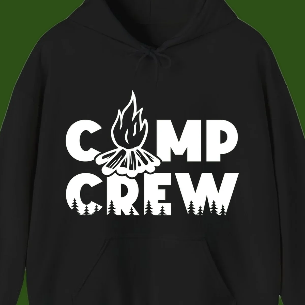 Camp Crew campfire design with stylized flames, flower bloom, and pine trees on gray background