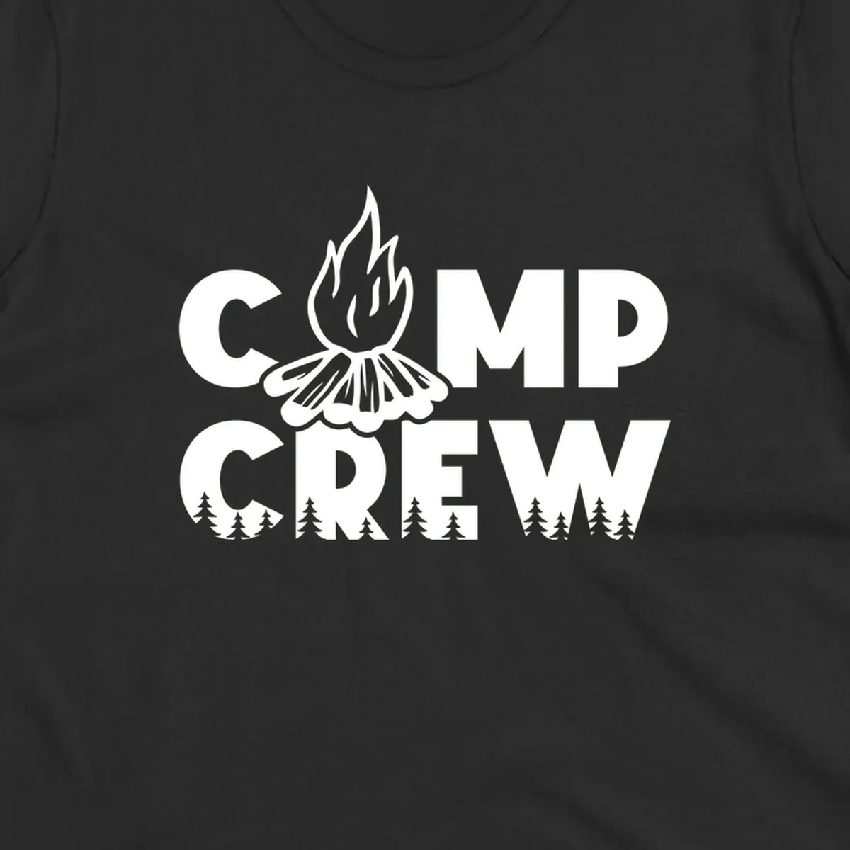 Camp Crew campfire design with stylized flames, flower bloom, and pine trees on gray background