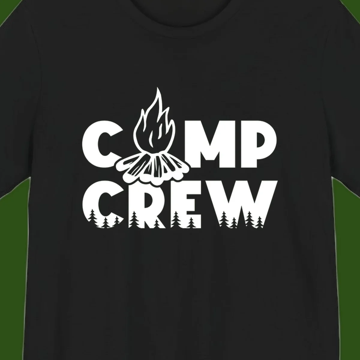 Camp Crew campfire design with stylized flames, flower bloom, and pine trees on gray background