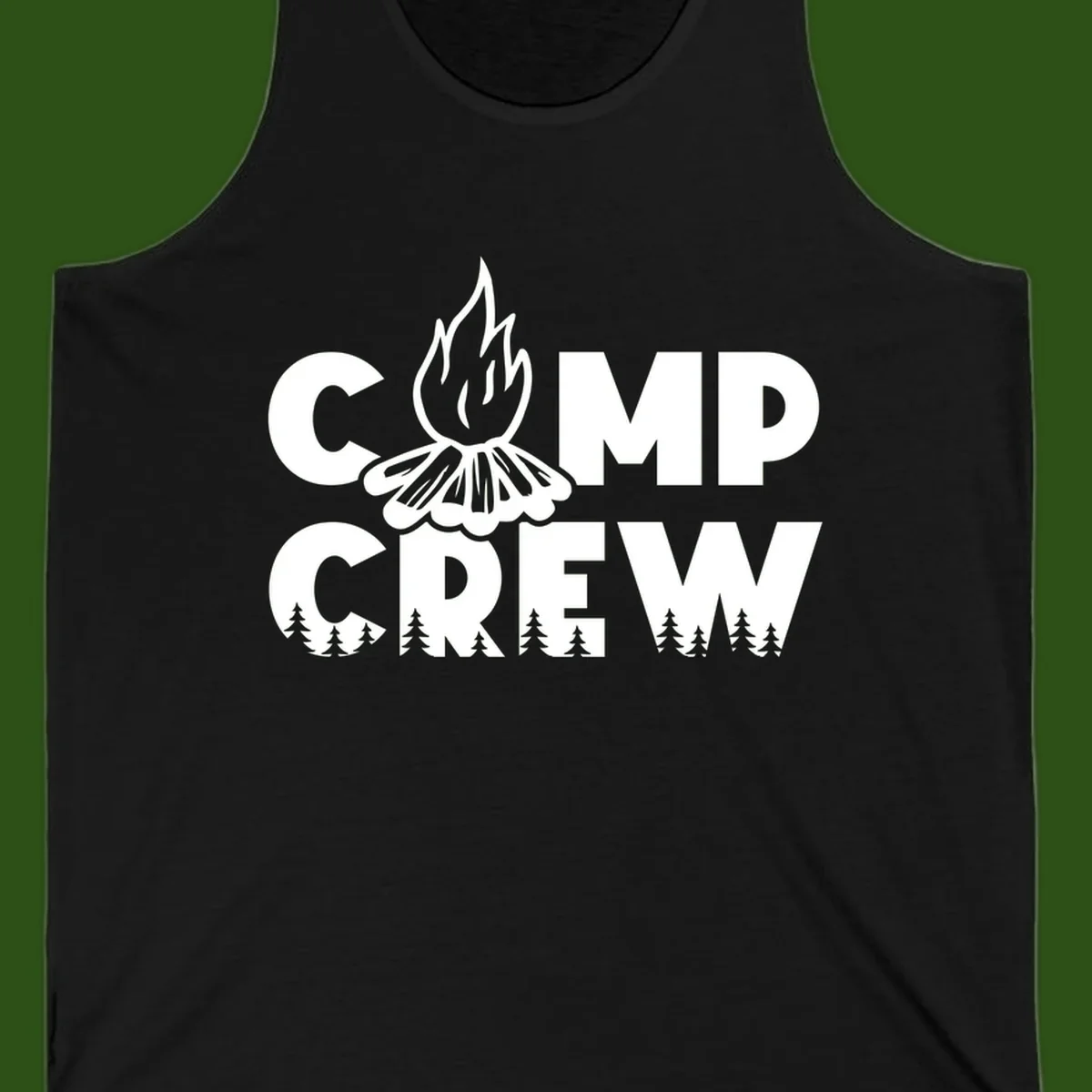 Camp Crew campfire design with stylized flames, flower bloom, and pine trees on gray background