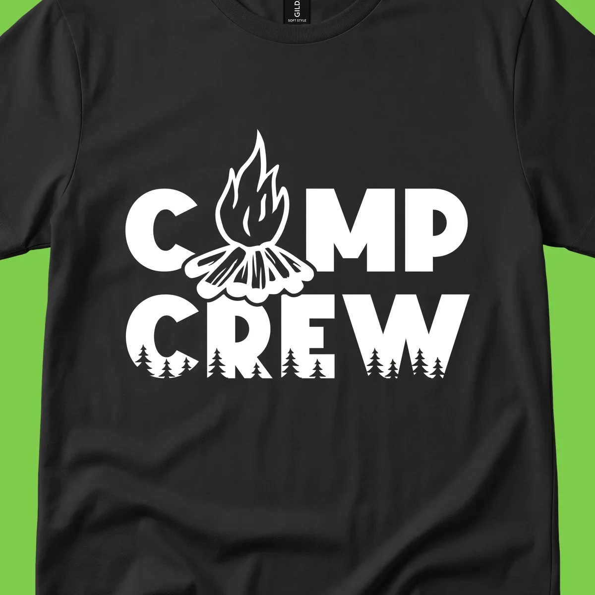 Camp Crew campfire design with stylized flames, flower bloom, and pine trees on gray background