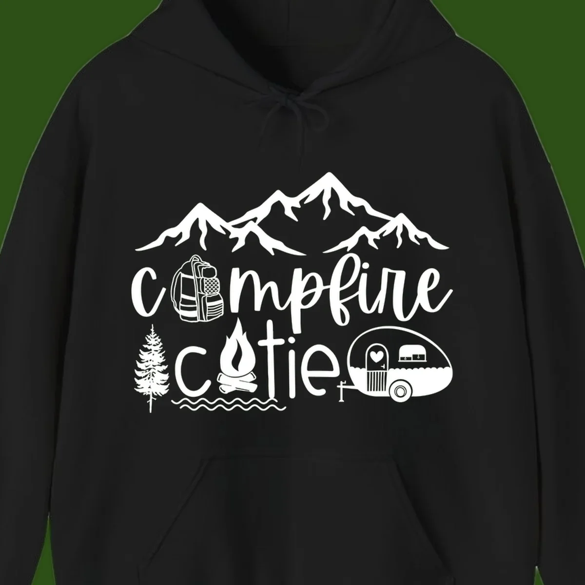 Campfire cutie camping design with mountains, backpack, camper trailer, campfire, and pine tree in white on gray background
