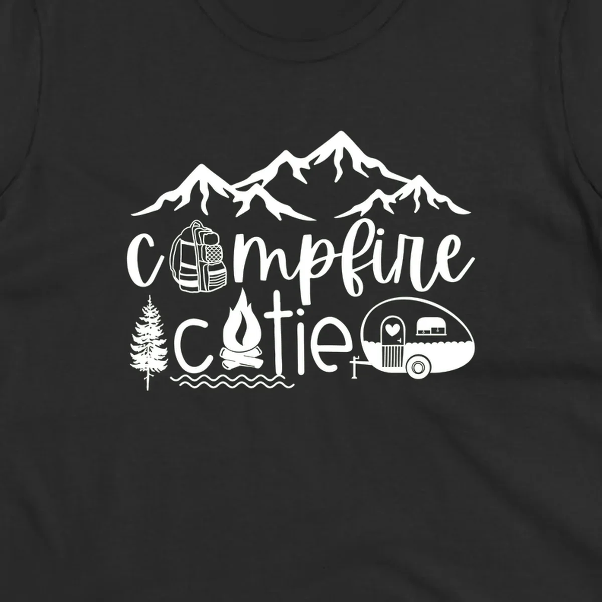 Campfire cutie camping design with mountains, backpack, camper trailer, campfire, and pine tree in white on gray background