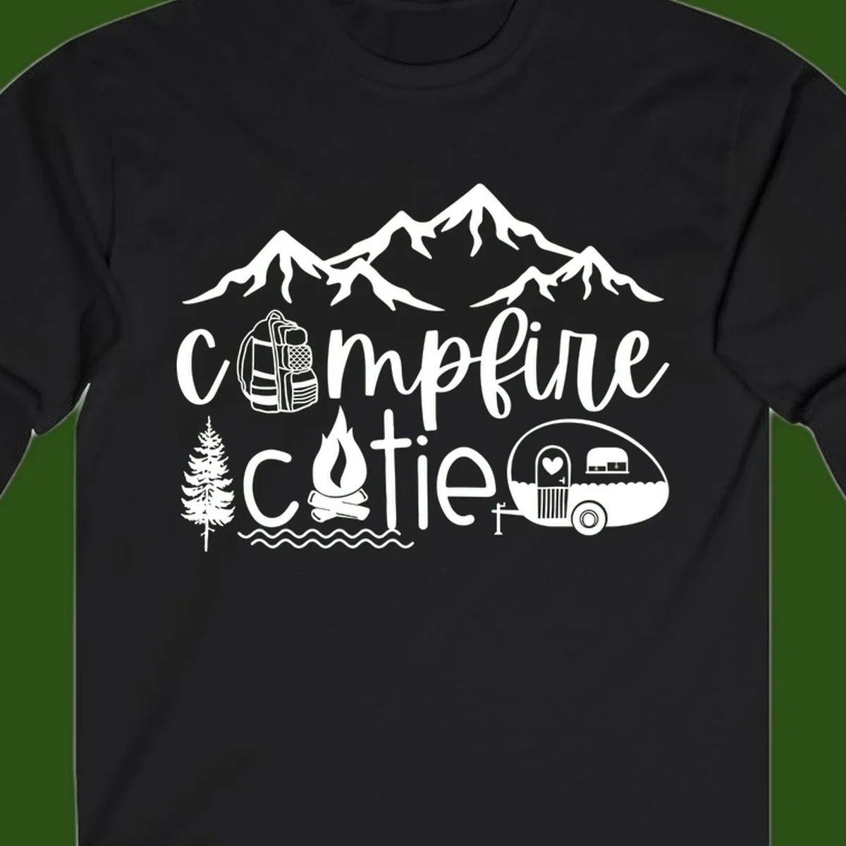 Campfire cutie camping design with mountains, backpack, camper trailer, campfire, and pine tree in white on gray background