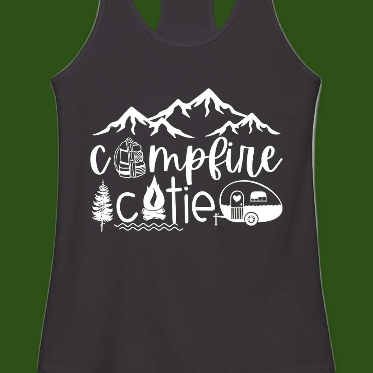 Campfire cutie camping design with mountains, backpack, camper trailer, campfire, and pine tree in white on gray background