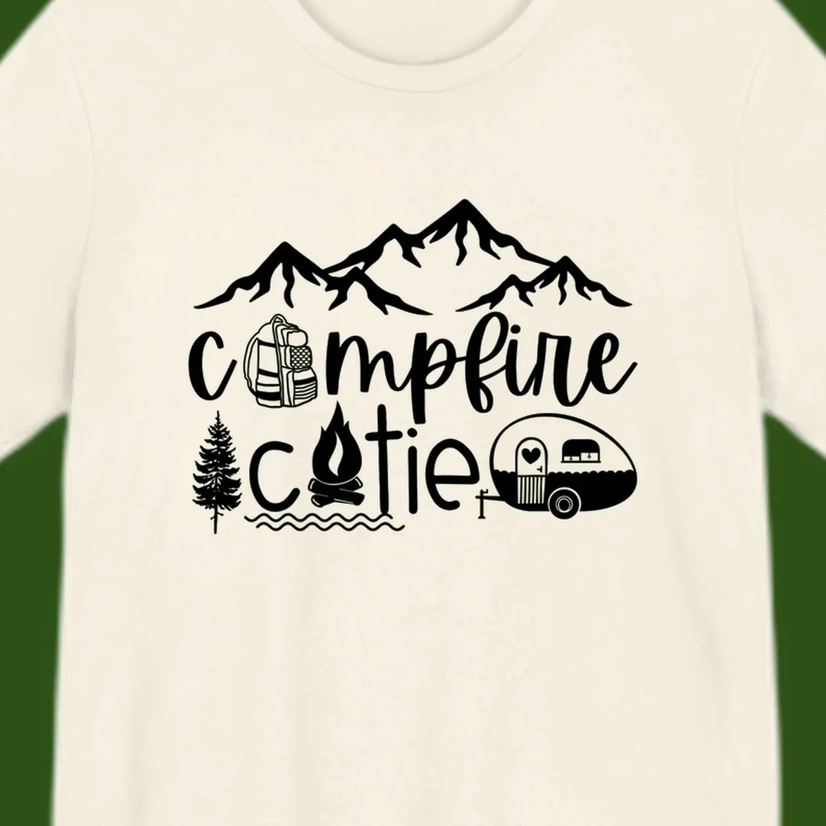Campfire cutie camping design with mountains, backpack, camper trailer, campfire, and pine tree in white on gray background