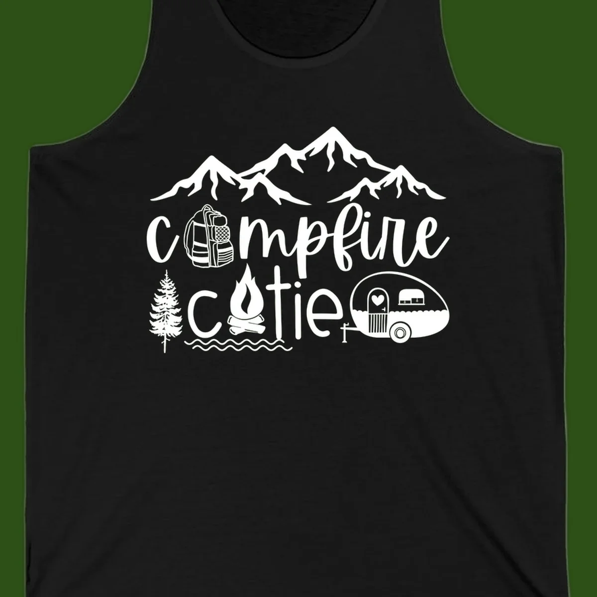 Campfire cutie camping design with mountains, backpack, camper trailer, campfire, and pine tree in white on gray background